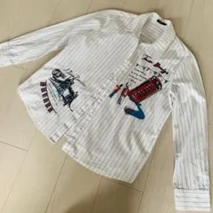 【希少デザイン】ロンドンモチーフ 刺繍＆プリント ストライプシャツ