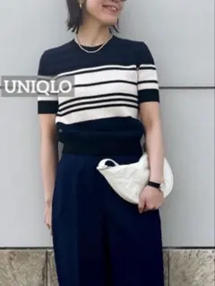k0440 UNIQLO コットンポップコーンクルーセーター半袖 ネイビー