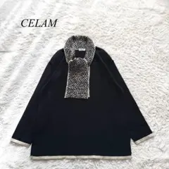 M3【CELAM】ニット　長袖　ボウタイ　アニマル柄　黒　ウール混合　ゆったり