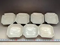 小皿■出石焼（江戸～明治）古い白磁四方皿角皿 7枚 龍 傷有 時代物 骨董品■