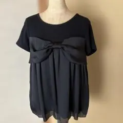 シフォンチュニック 黒 リボン付き 半袖 フレア 体型カバー Lサイズ