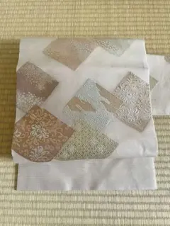 高級夏帯 染の九寸名古屋帯 扇面草花文様 黄土色系 3シーズン着用可能