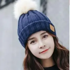 ポンポン付き ニット帽 裏起毛 内側 ボア レディース ネイビー