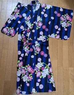 浴衣 女の子 150cm 紺色 ストライプ 花柄