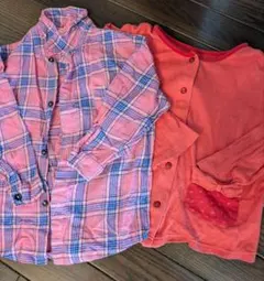 ピンクチェックシャツとオレンジカーディガンセット　120