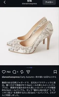 DIANA 花柄刺繍 パンプス 23cmヒール9cm