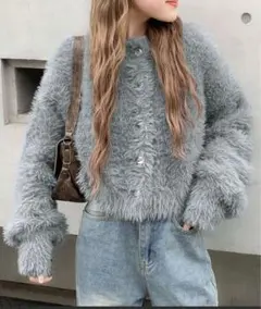 【mily bilet】ボリューム袖クロップドシャギーカーディガン