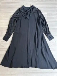 ear PAPILLONNERレオパード切替 ボウタイワンピース 黒 Aライン