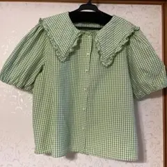 ZARA ギンガムチェック ビッグカラー ブラウス グリーンのサムネイル