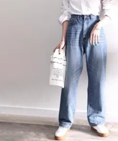 ブルー　ゆったりハイウエストワイドストレート無地デニム&チノパンツ