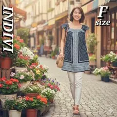 ●INDIVI エスニック柄フレア シアーチュニック 総柄 レトロ ヴィンテージ