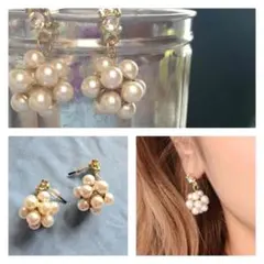 【未使用】 フラワー ボール パール ストーン ゴールド ピアス