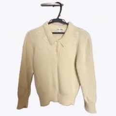 アイボリー 花柄刺繍 長袖ポロセーター