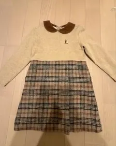 半袖ベージュニットチェックワンピース