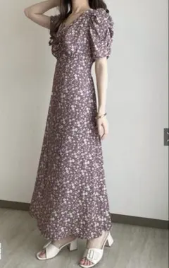 花柄バックレースアップフレアワンピース[mc015b]