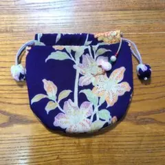 古布縮緬錦紗、巾着袋 ★魚飾り付き★手作り