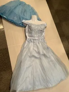 厚手/美品◆オケージョン二次会パーティ舞台撮影◆水色＋刺繍レース◆チュールドレス