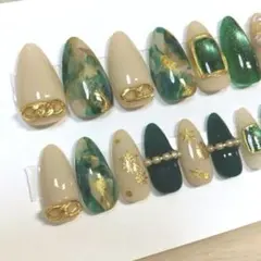 ネイルチップ 全サイズセット ベージュ グリーン マグネット ニュアンス