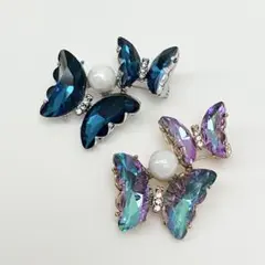 No6618 2個セット バタフライ ブローチ 蝶 ラインストーン パール 新品