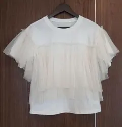 tシャツ プレート付きチュールレイヤードフリル半袖カットソー レディース