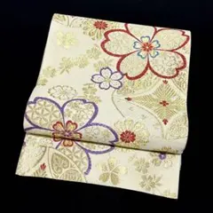 【袋帯】　象牙色　アイボリー　金糸　赤色と紫色の差し色 正絹　桜　大柄