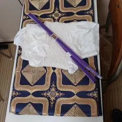 再、値下げ、ネイビーブルーゴールド袋帯と帯締め、帯揚げ。