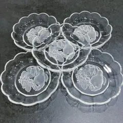 ガラス皿 フルーツ柄 彫 ５枚セット　クリスタル