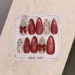 ネイルチップ　赤　マグネット　フラッシュ　リボン