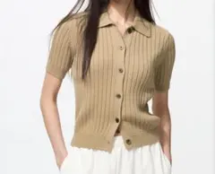 ユニクロ　リブポロカーディガン　ベージュ　半袖　S