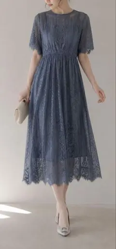 美品 アサクラ 総レース ワンピース ドレス M くすみブルー 結婚式 お呼ばれのサムネイル