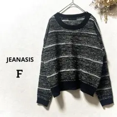 ジーナシス 透かし編みボーダーニット プルオーバー ブラック 長袖 F