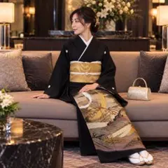 黒留袖 鶴 波文様 金彩 五つ紋 袋帯付き 2点セット 結婚式 和装