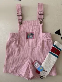 美品　しまむら　チマジロ　サロペット　ピンク　ストライプ　靴下