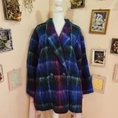 新品タグ付き レトロ ヴィンテージマルチカラー チェック柄 ダブルブレストコート