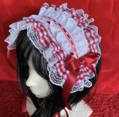 【レッドチェック×ホワイト】ロリィタヘッドドレス【手作り】