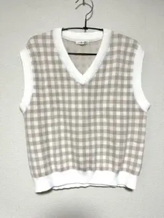 honeys ベージュ・ホワイト チェック ニットベスト S