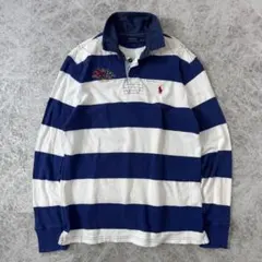 ポロラルフローレン ラガーシャツ 太ボーダー 白 × 紺 ポニーロゴ刺繍 M