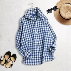 美品【QRタグ】ラルフローレン　リネンシャツ　チェック柄　ブルー