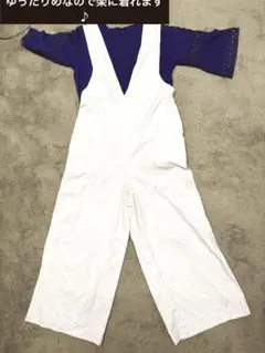 ホワイト Vネック サロペット　L 春夏秋冬可