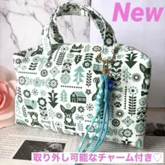 ❤️New❤️ミニボストンバッグ　北欧風生地　チワワ柄　パラコード　バッグチャーム付
