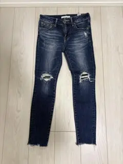 ダメージ加工スキニーデニム ダークブルー