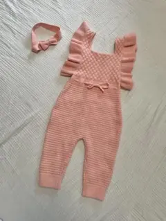 ピンク フリル付きニットオーバーオール セット ベビー