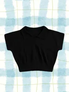 黒 ポロカラー クロップドニット 半袖