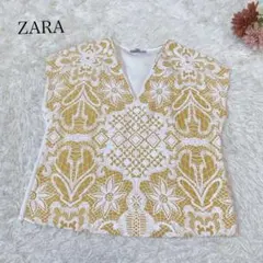 s2691【ザラ】ノースリーブ カットソー レース Vネック イエロー系 M