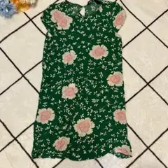 ZARA 花柄葉っぱ半袖ひざ丈ワンピース M チュニック