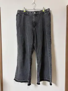 ブラックデニム ワイドパンツ カットオフ フリンジ 裾切りっぱなし カジュアル