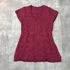 ケーブル編み ニットチュニック ワンピース ピンク系 ラメ入り 半袖 Vネック