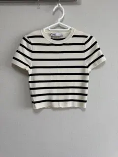 ZARA クロップドトップス L ホワイト/ブラックストライプ