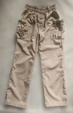 美品 ベージュ ロングパンツ サイドフリルポケット付き ピンクステッチ