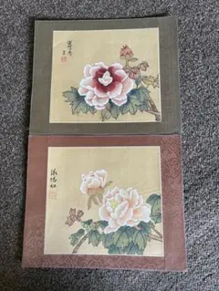 中国絵画　シルク絵　花の絵の2点セットのサムネイル